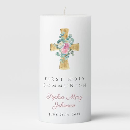 Pink Floral Peonies Cross First Communion Pillar Candle