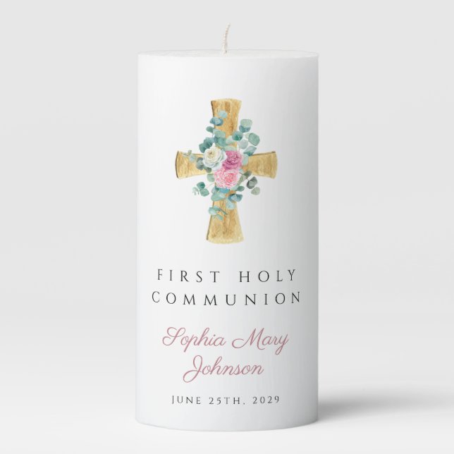 Pink Floral Peonies Cross First Communion Pillar Candle (Front)