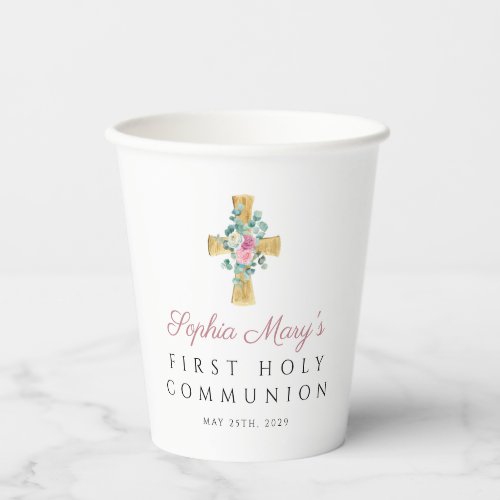 Pink Floral Peonies Cross Girl First Communion  Paper Cups