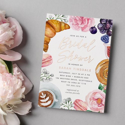 Pink Floral Peony Bridal Shower Brunch Rose Gold Foil Invitation