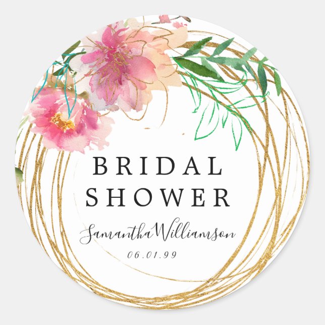 Pink Floral Peony Bridal Shower Favor Seal (Front)
