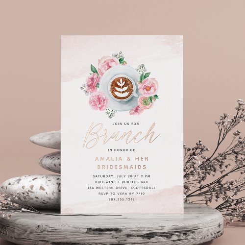 Pink Floral Peony  Coffee Bridesmaids Brunch Foil Invitation
