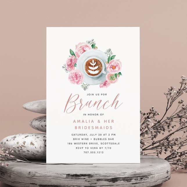Pink Floral Peony & Coffee Bridesmaids Brunch Invitation (Creator Uploaded)