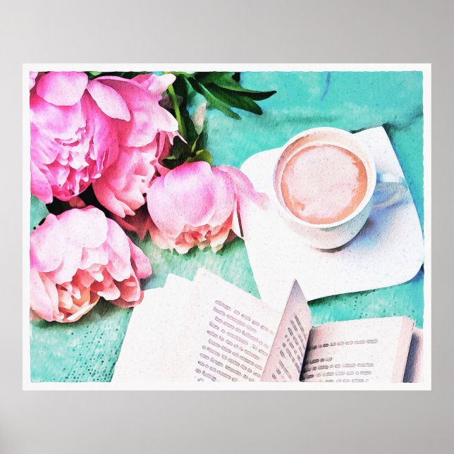 Pink Floral Peony Cozy Latte Watercolor Poster (Front)