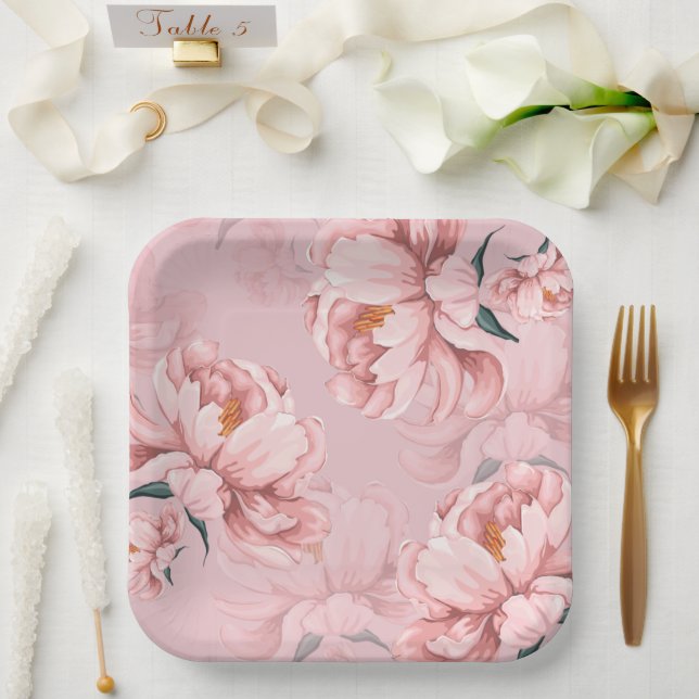 Pink floral peony flower paper plates (Wedding)