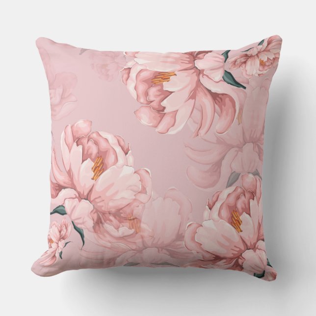 Pink floral peony flower throw pillow (Front)