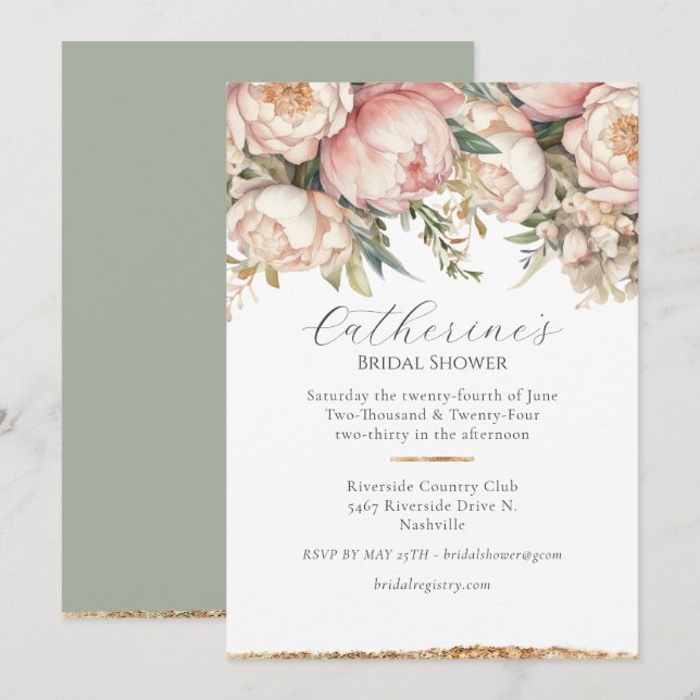 Pink Floral Peony Green Bridal Shower Invitation (Front/Back)