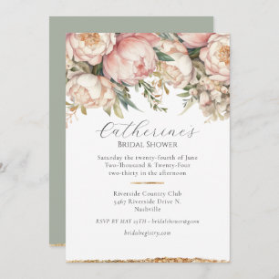 Pink Floral Peony Green Bridal Shower Invitation