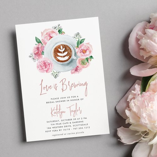 Pink Floral Peony Love is Brewing Bridal Brunch Invitation