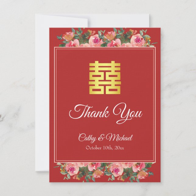 Pink floral peony red modern chinese wedding thank you card (Front)