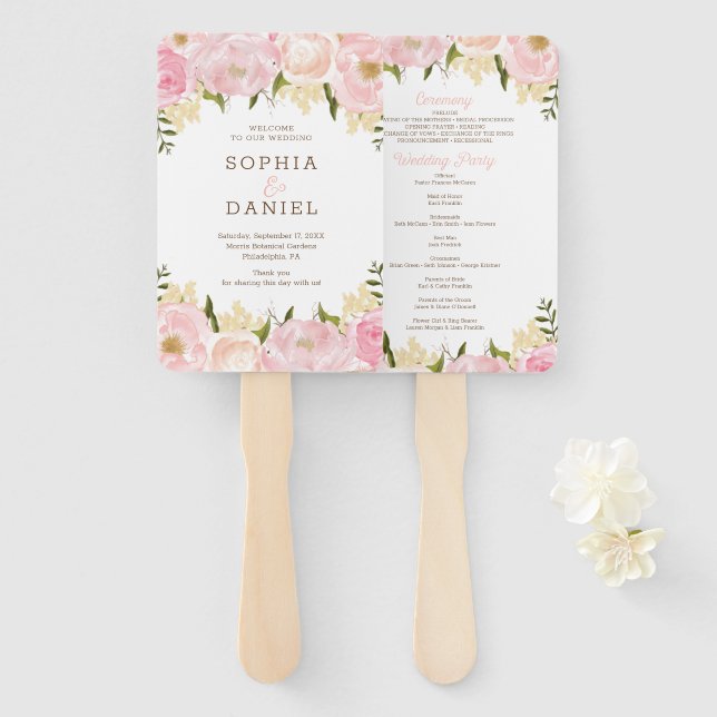 Pink Floral Peony Rose Wedding Program Fan (Front and Back)