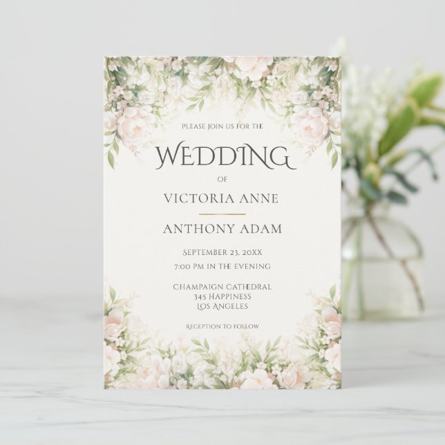 Pink Floral Peony Watercolor Wedding  Invitation (Standing Front)