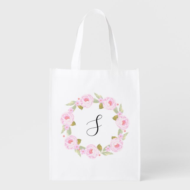 Pink Floral Peony Wreath Bridesmaid Grocery Bag (Front)