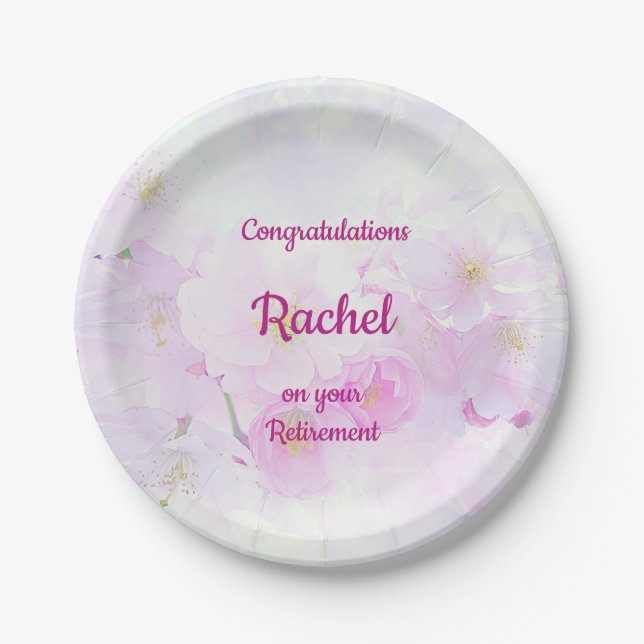 Pink Floral Personalised design Retirement Paper Plates (Front)