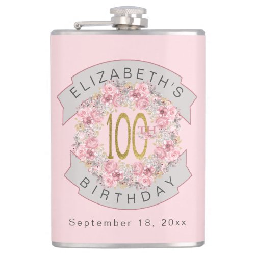 Pink Floral Personalized 100th Birthday  Flask