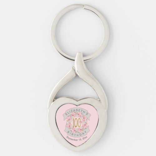 Pink Floral Personalized 100th Birthday  Keychain