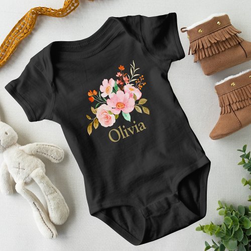 Pink Floral Personalized  Baby Bodysuit