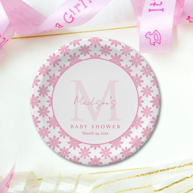Pink Floral Personalized Baby Shower  Paper Plates (Creator Uploaded)