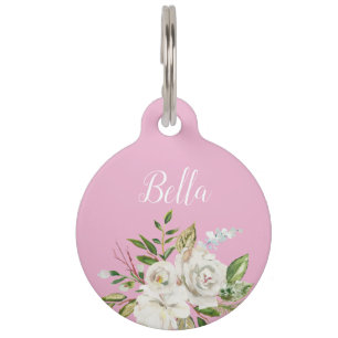 Pink Floral Personalized Calligraphy Pet ID Tag