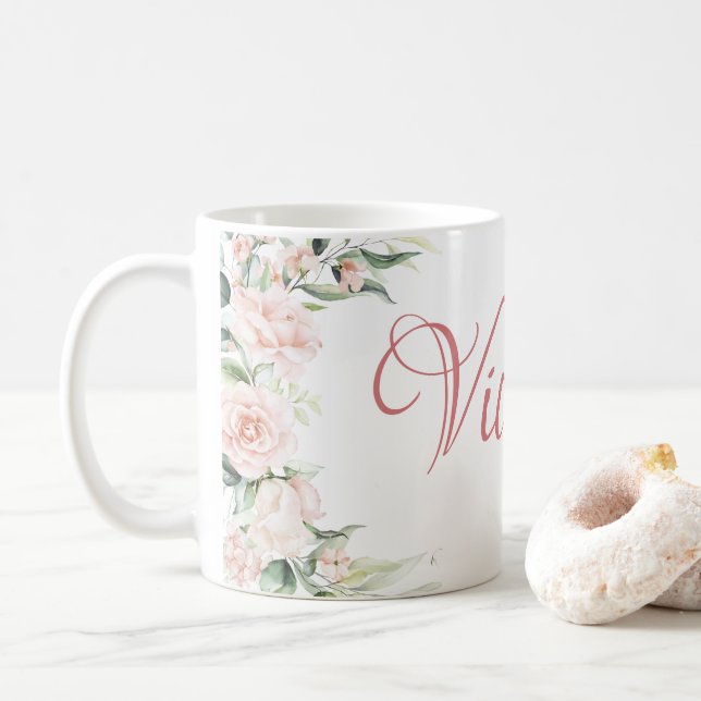 Pink Floral Personalized  Coffee Mug (With Donut)
