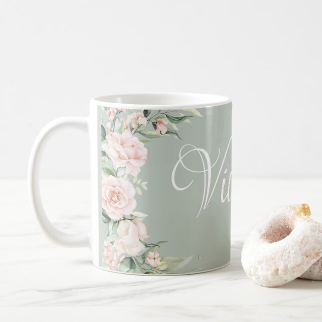 Pink Floral Personalized  Coffee Mug (With Donut)