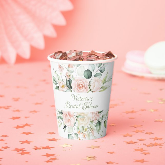 Pink Floral Personalized Elegant Bridal Shower Paper Cups (Insitu)