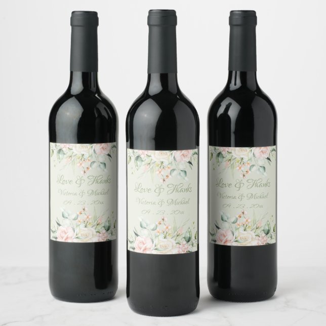 Pink Floral Personalized Elegant Wedding Wine Label (Bottles)