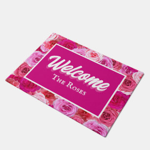 Pink Floral Personalized Entry Way Welcome Doormat