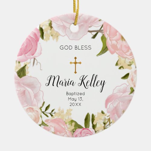 Pink Floral Personalized Girl Baptism Ornament