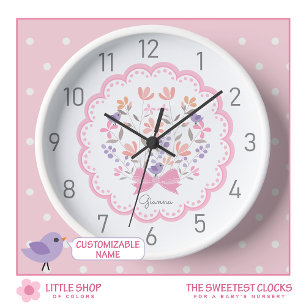 Pink Floral Personalized Girls Nursery Clock