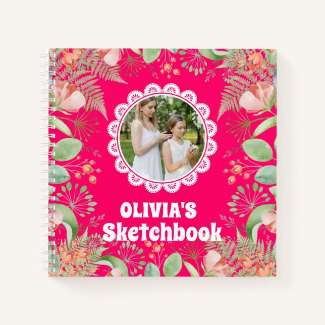 Pink Floral Personalized Kids Photo Sketchbook Notebook (Front)