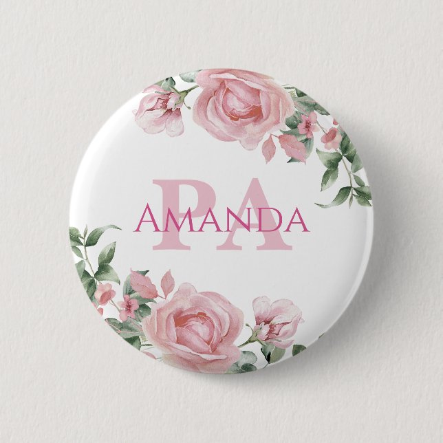 Pink Floral Personalized Name PA Button (Front)