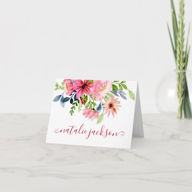Pink floral personalized note card (Front)