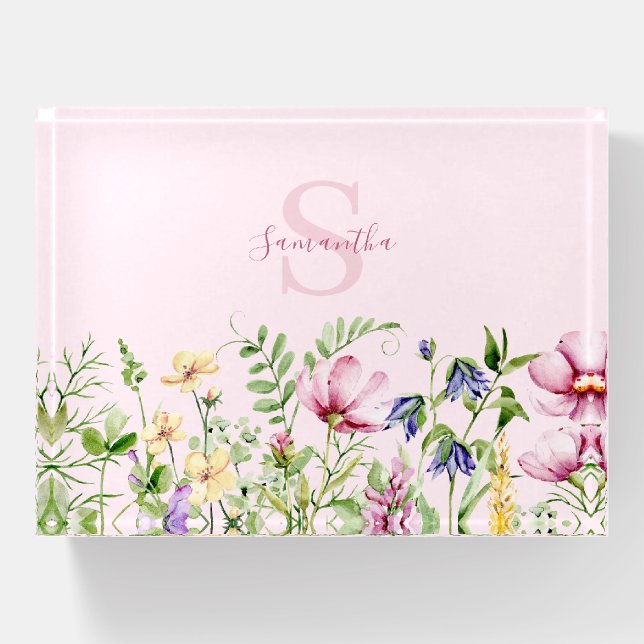 Pink Floral Personalized Paperweight (Front)