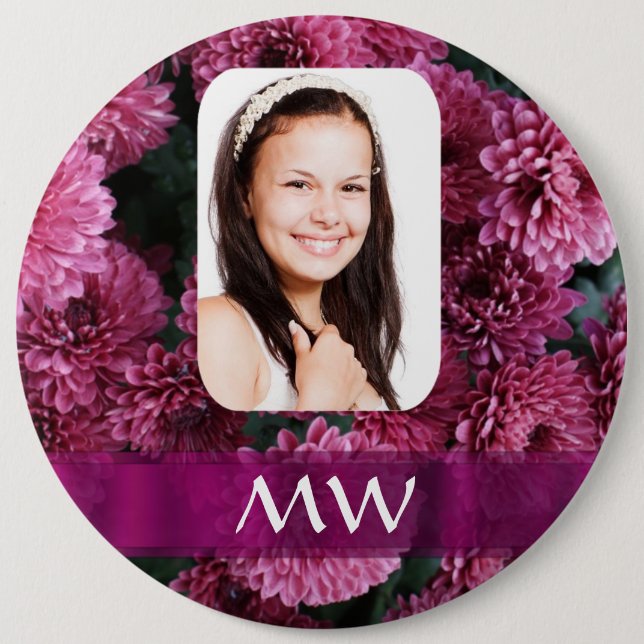 Pink floral personalized photo pinback button (Front)