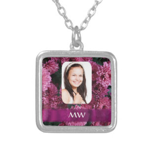 Pink floral personalized photo silver plated necklace