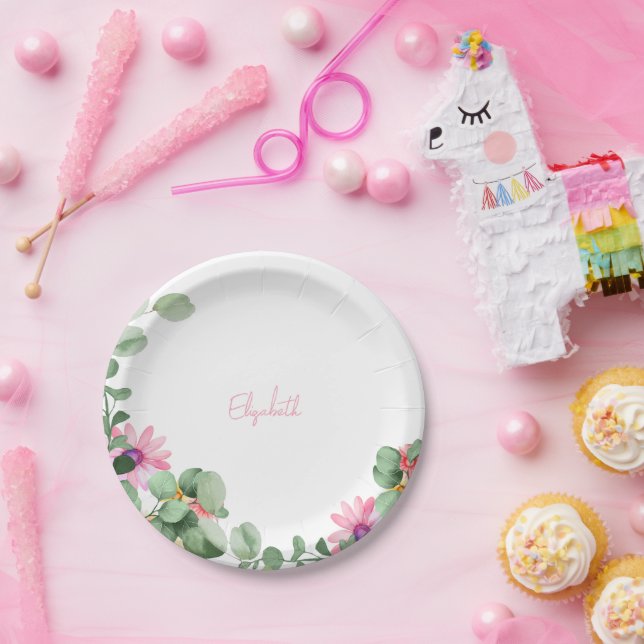 Pink Floral Personalized Shower Paper Plate (Party)