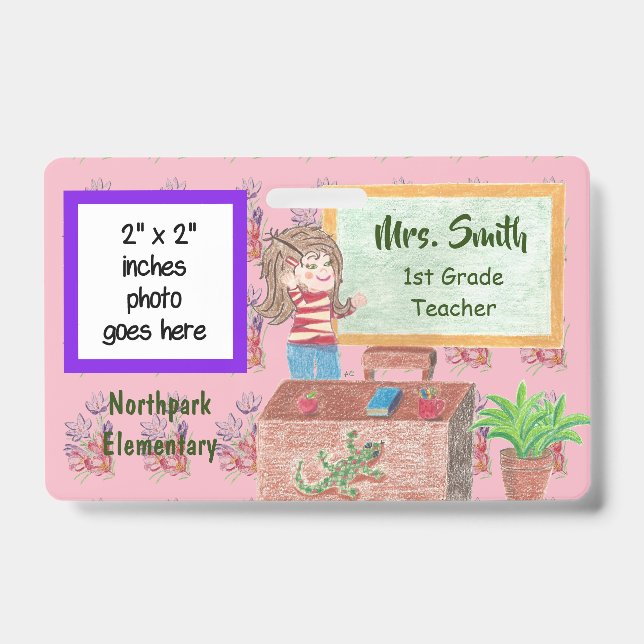 Pink floral personalized teacher badge (Front)