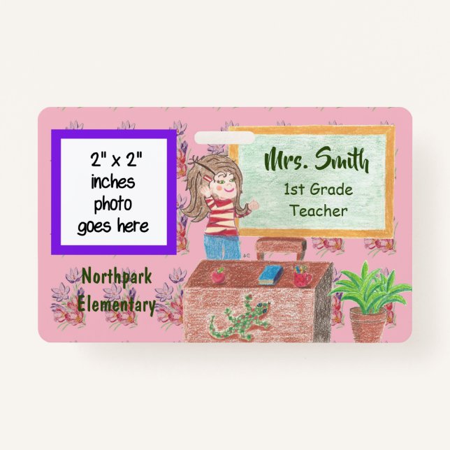 Pink floral personalized teacher badge (Front)