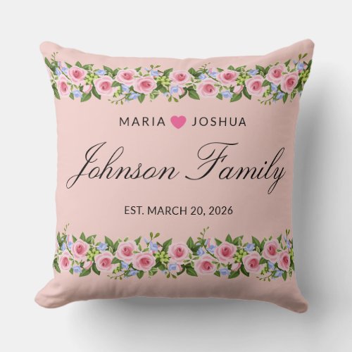 Pink Floral Personalized Wedding Family Name Throw Pillow