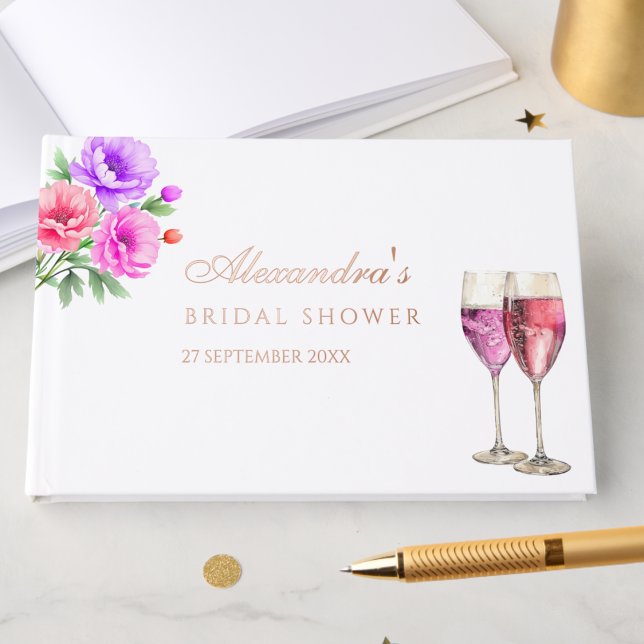 Pink Floral Petals and Prosecco Bridal Shower Foil Guest Book (Creator Uploaded)