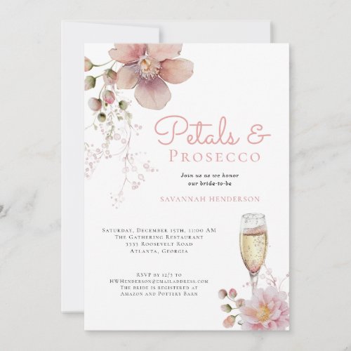 Pink Floral Petals and Prosecco Bridal Shower Invitation
