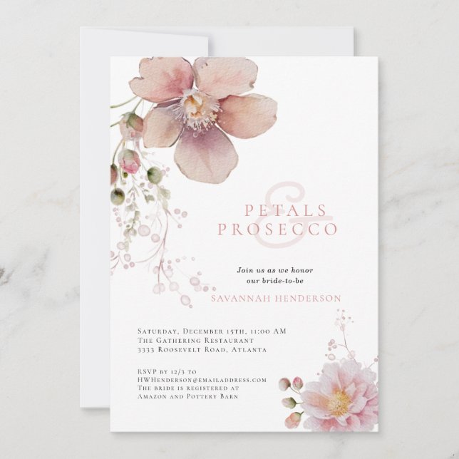 Pink Floral Petals and Prosecco Bridal Shower Invitation (Front)