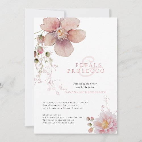 Pink Floral Petals and Prosecco Bridal Shower Invitation