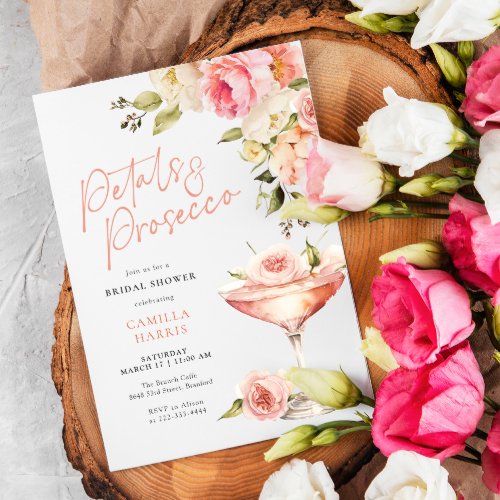 Pink Floral Petals and Prosecco Bridal Shower Invitation