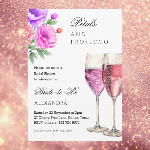 Pink Floral Petals and Prosecco Bridal Shower Invitation