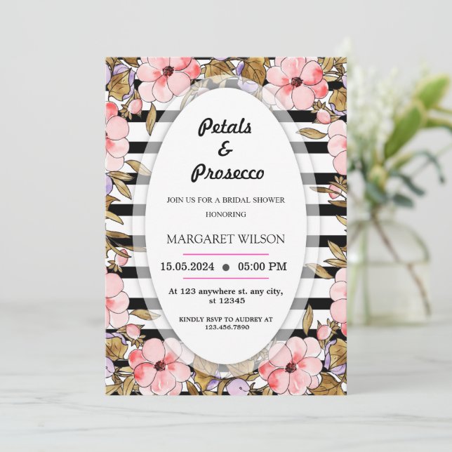 Pink Floral Petals and Prosecco Bridal Shower  Invitation (Standing Front)