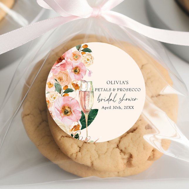 Pink Floral Petals & Prosecco Bridal Shower Classic Round Sticker (Creator Uploaded)