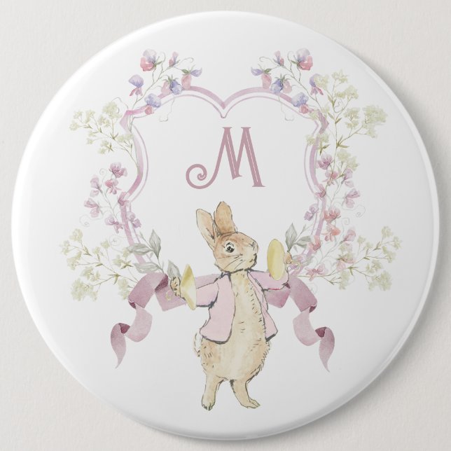 Pink Floral Peter the Rabbit Monogram Baby Shower Button (Front)