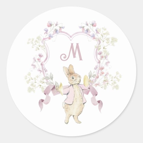 Pink Floral Peter the Rabbit Monogram Baby Shower Classic Round Sticker